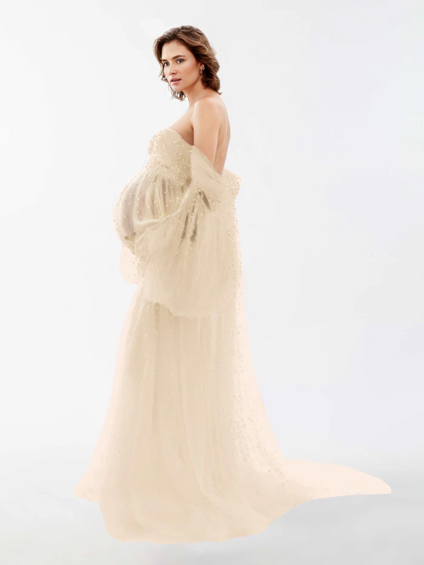 Off The Shoulder Pearl Tulle Robe for Maternity Photography RB1