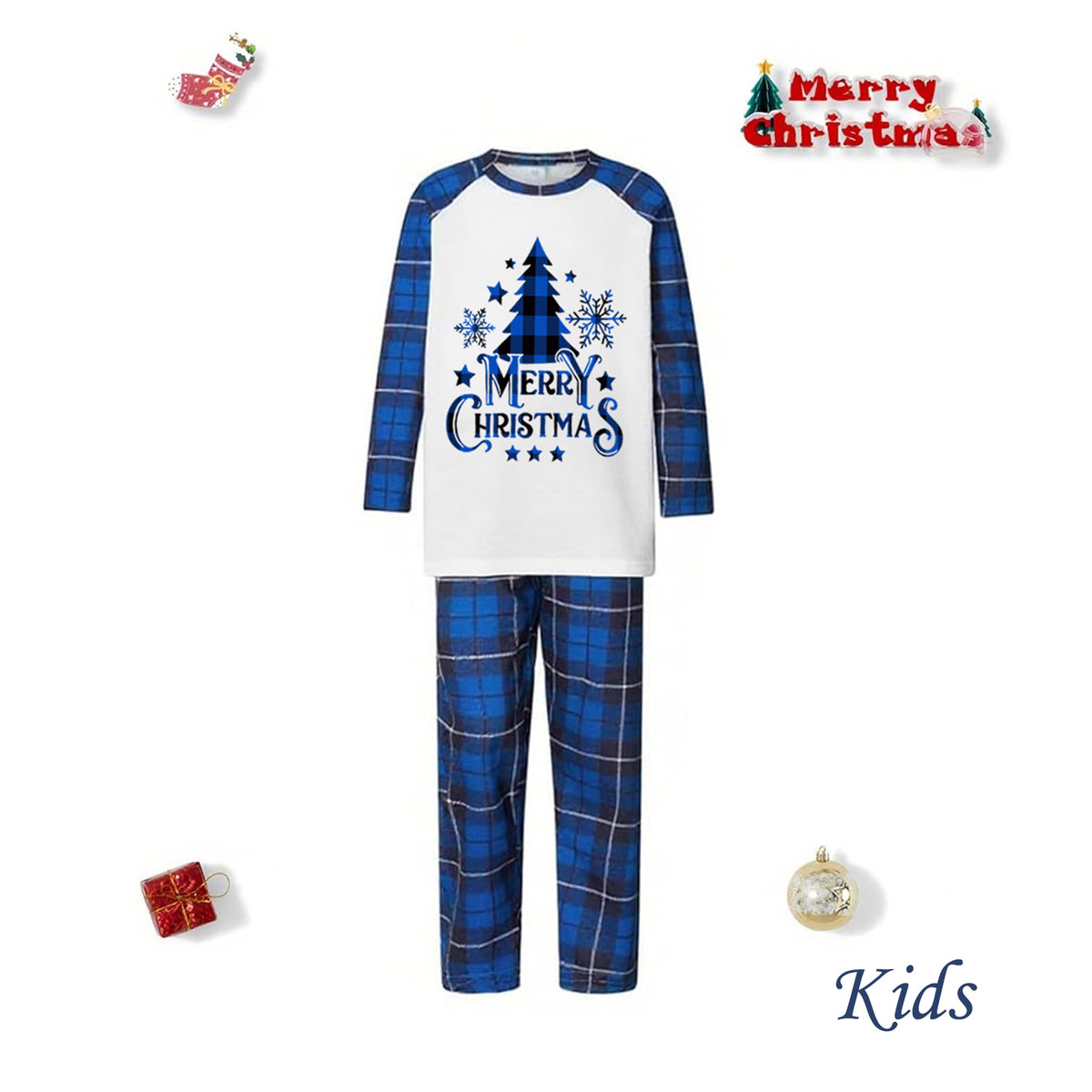 Matching Christmas Pajamas for Photos Blue Plaid Tree Print Christmas Long Sleeve Pajamas CHP-100