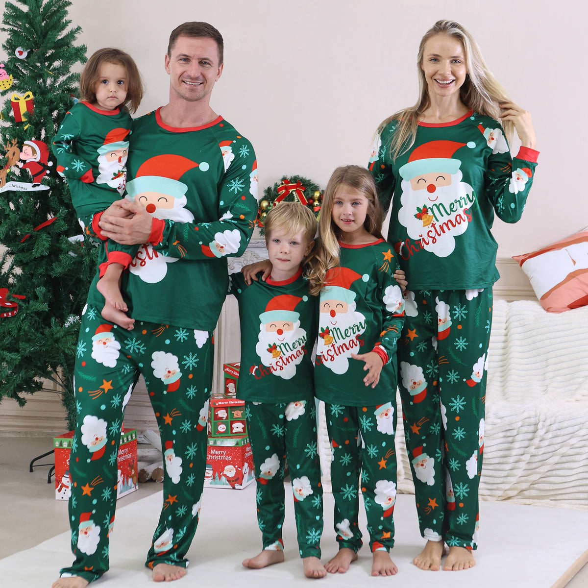 Christmas Family Photo Outfits Green Santa Snowflake Allover Print Holiday Matching Pajamas CHP-90