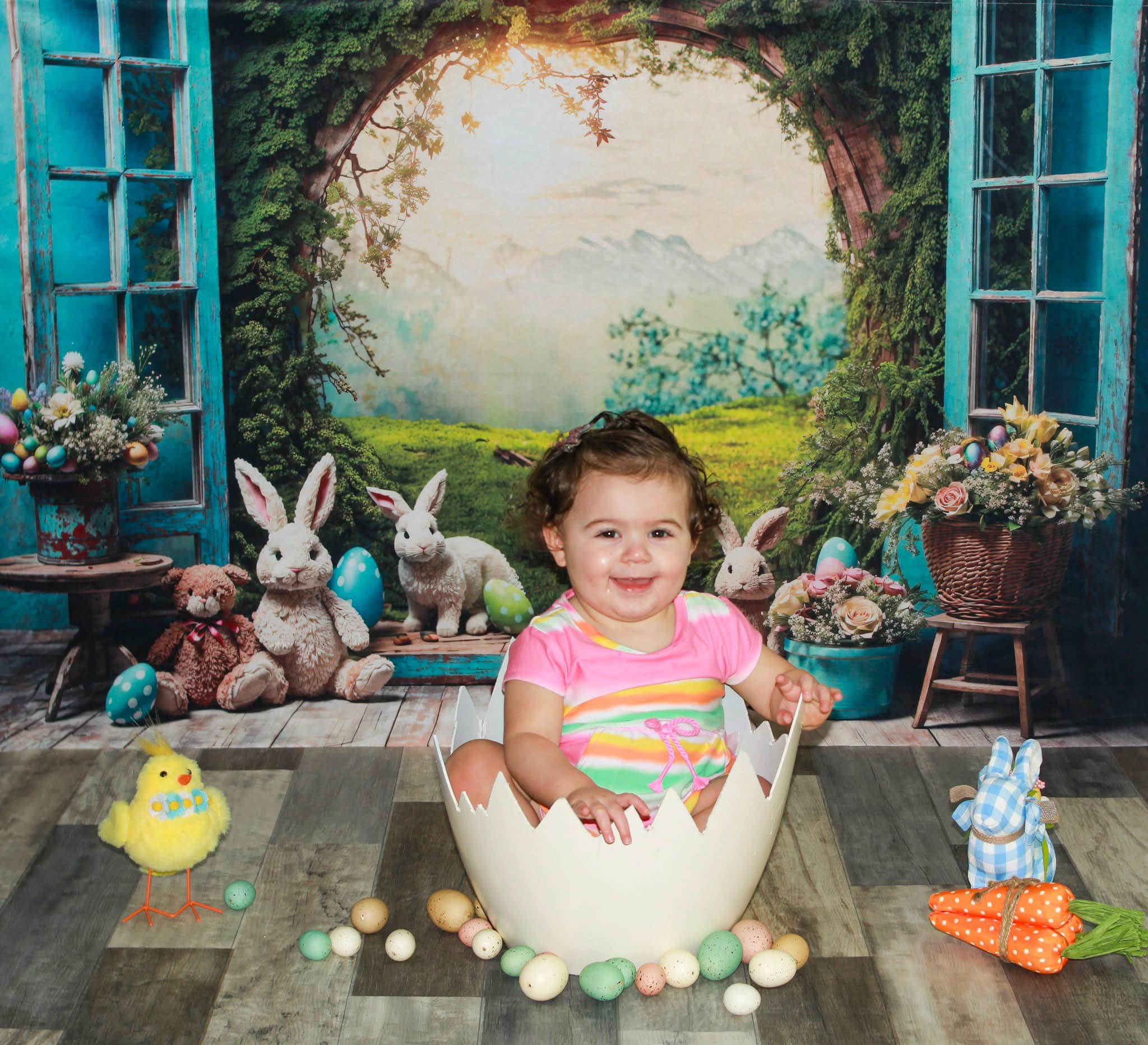 Easter Bunny Backdrop Sunset Meadow Rabbits Eggs Flowers Easter Backdrop MRR9-85
