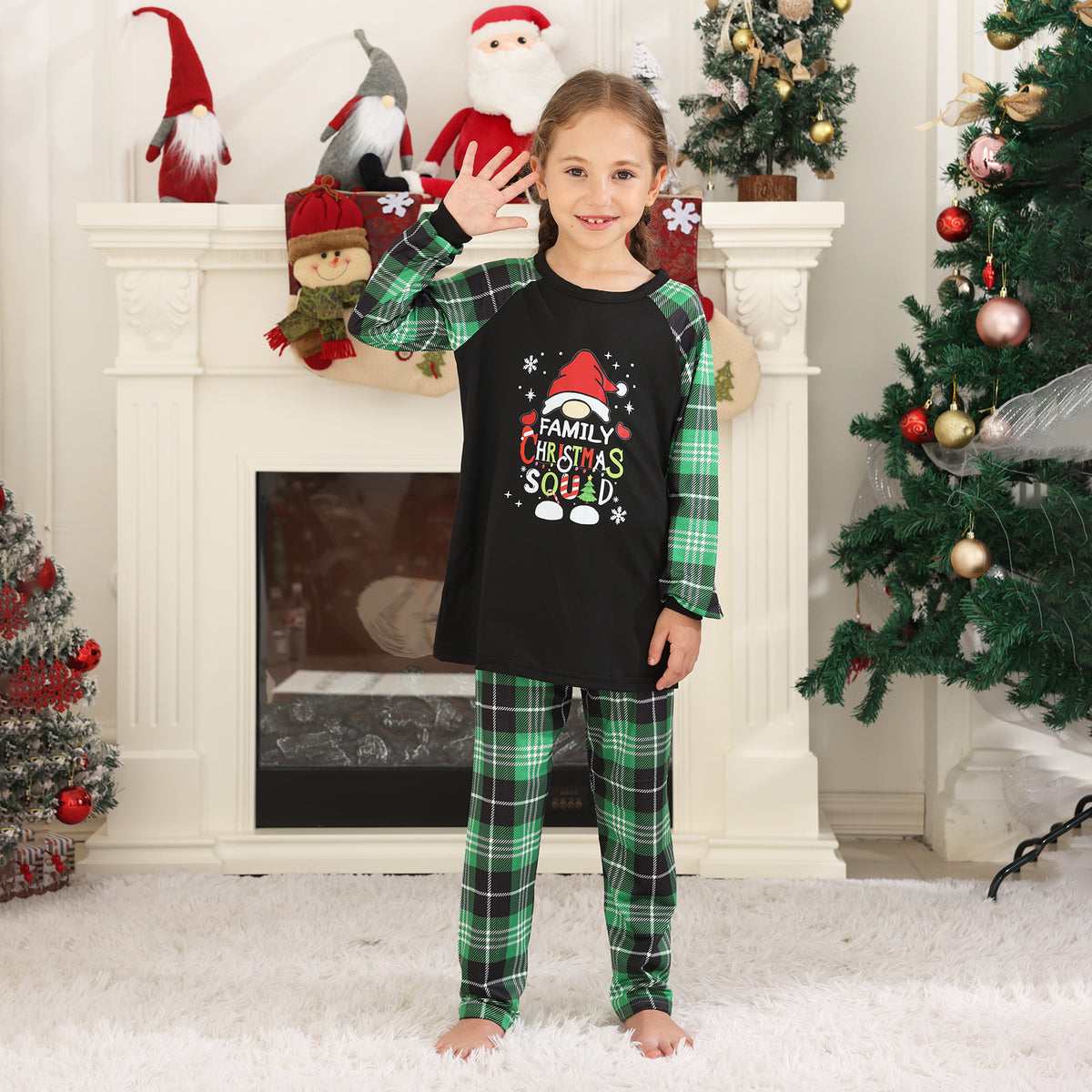 Christmas Pajama Set Green Plaid Squad Print Matching Christmas Pajamas for Photos CHP-82