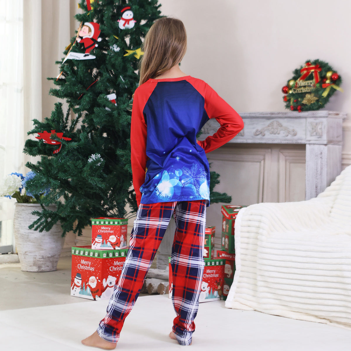 Christmas Morning Pajamas Blue Reindeer Snowflake Plaid Print Christmas Family Photoshoot Outfits CHP-96
