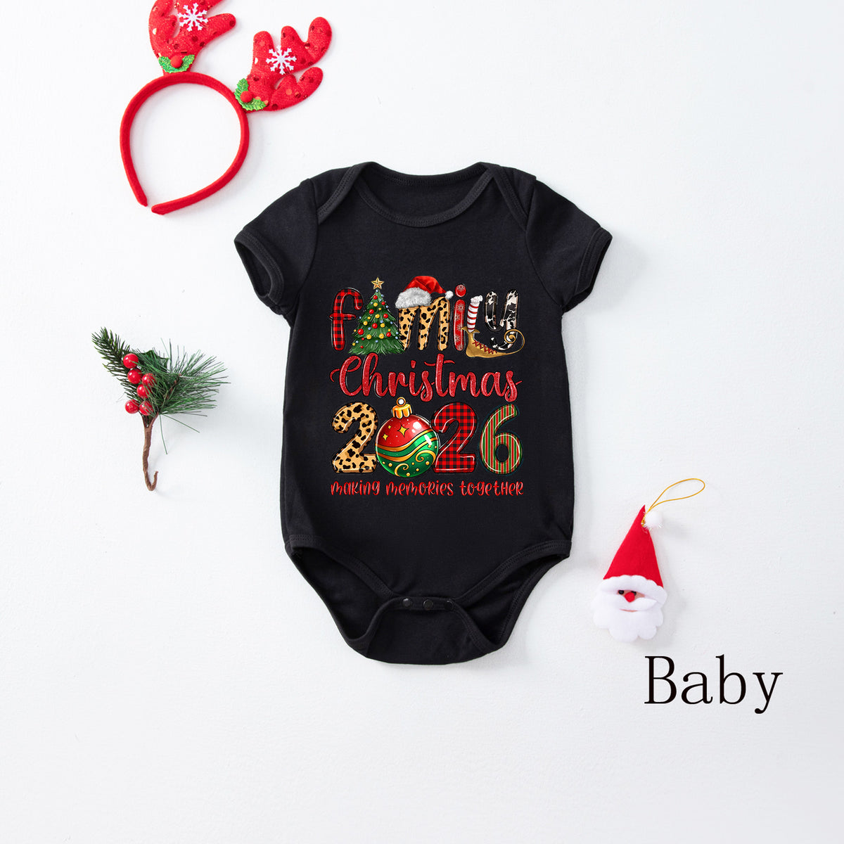 Dad and Kids Christmas Pajamas Santa Hat Tree Typography Christmas Family Photo Outfits CHP-39