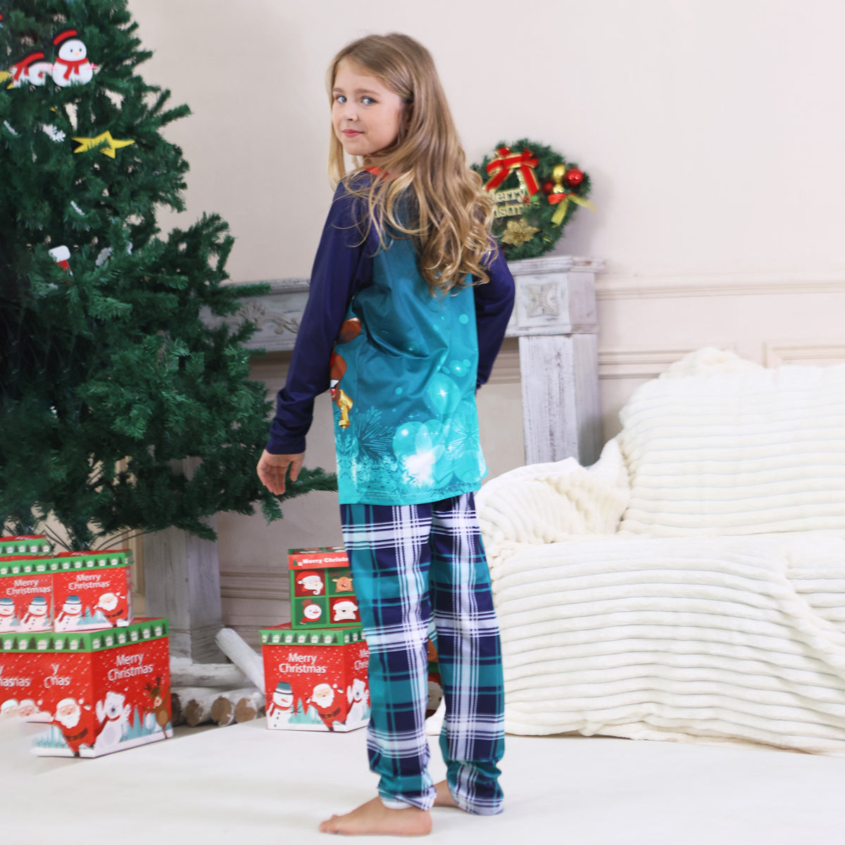 Holiday Matching Pajamas Santa Hat Reindeer Teal Plaid Print Christmas Family Photo Outfits CHP-97