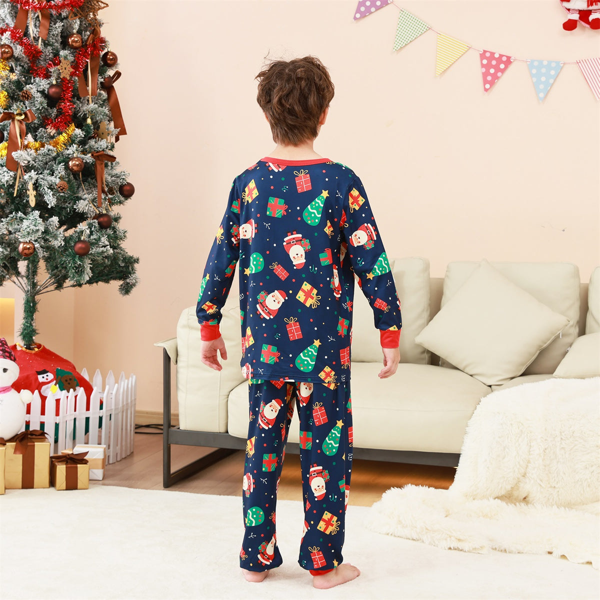 Christmas Eve Pajamas Navy Santa Gift Print Pattern Matching Christmas Pajamas CHP-73