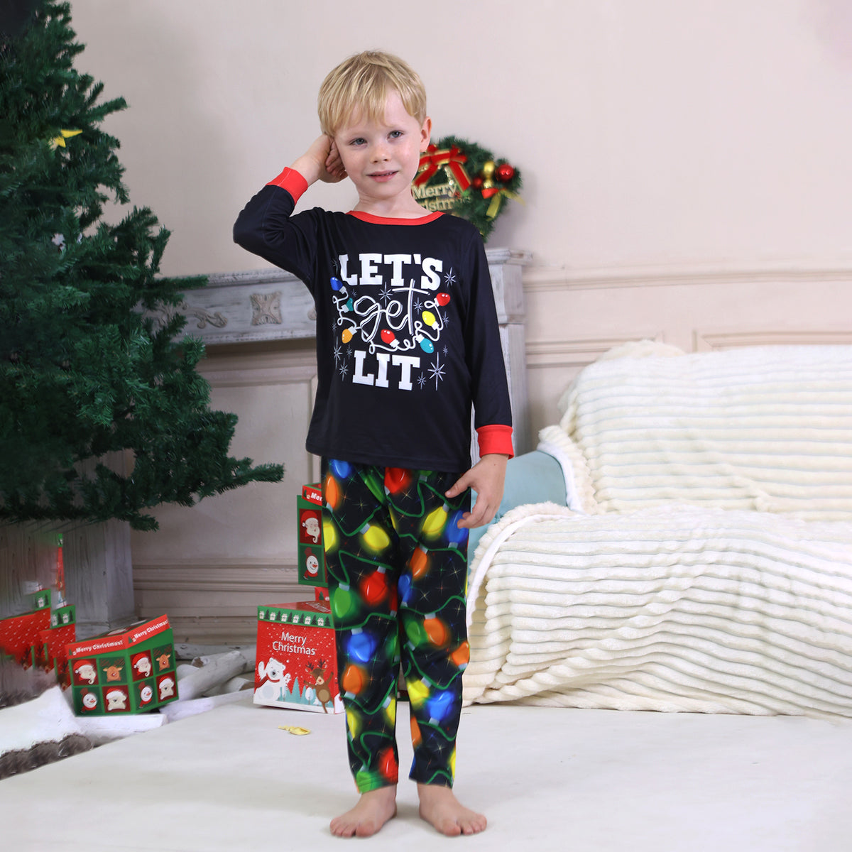 Matching Christmas Pajamas for Photos Colorful Light Bulb Print Christmas Pajama Photoshoot CHP-95