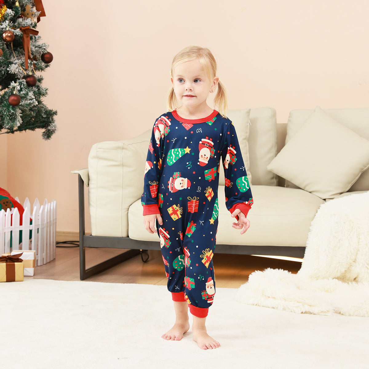 Christmas Eve Pajamas Navy Santa Gift Print Pattern Matching Christmas Pajamas CHP-73