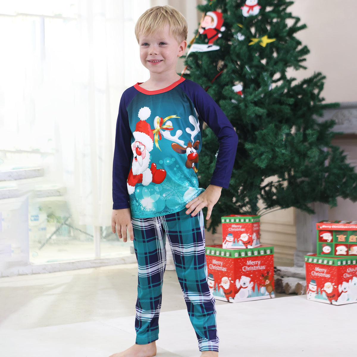 Holiday Matching Pajamas Santa Hat Reindeer Teal Plaid Print Christmas Family Photo Outfits CHP-97