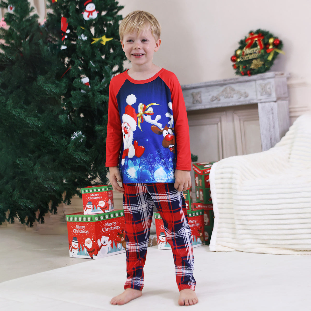 Christmas Morning Pajamas Blue Reindeer Snowflake Plaid Print Christmas Family Photoshoot Outfits CHP-96