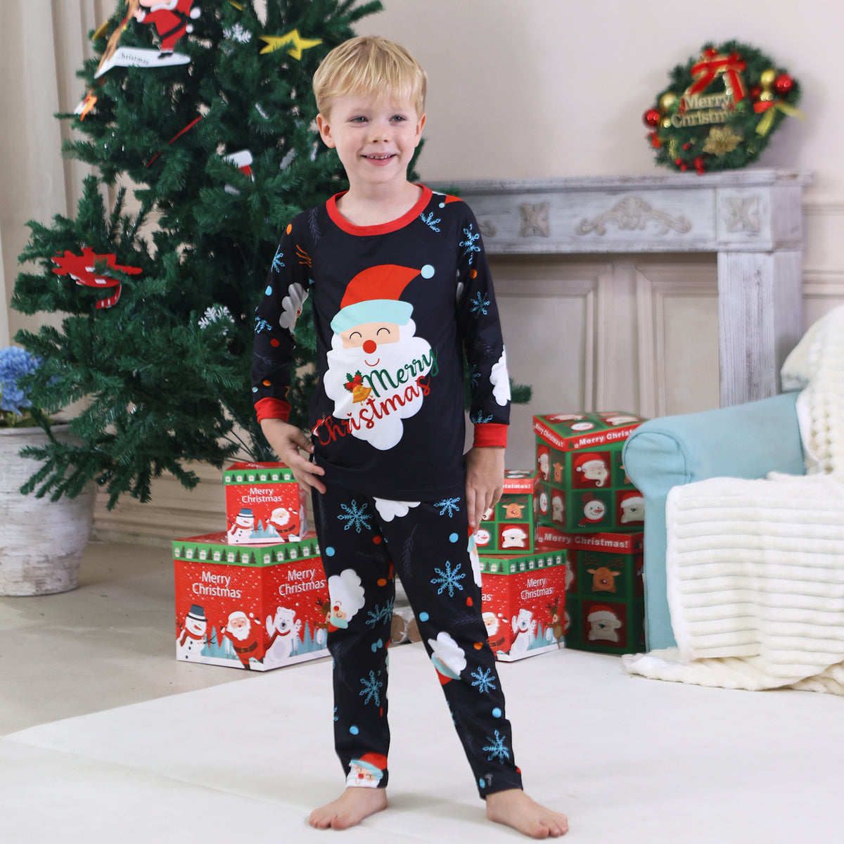 Christmas Pajama Set Navy Santa Snowflake Allover Print Matching Christmas Pajamas for Photos CHP-92