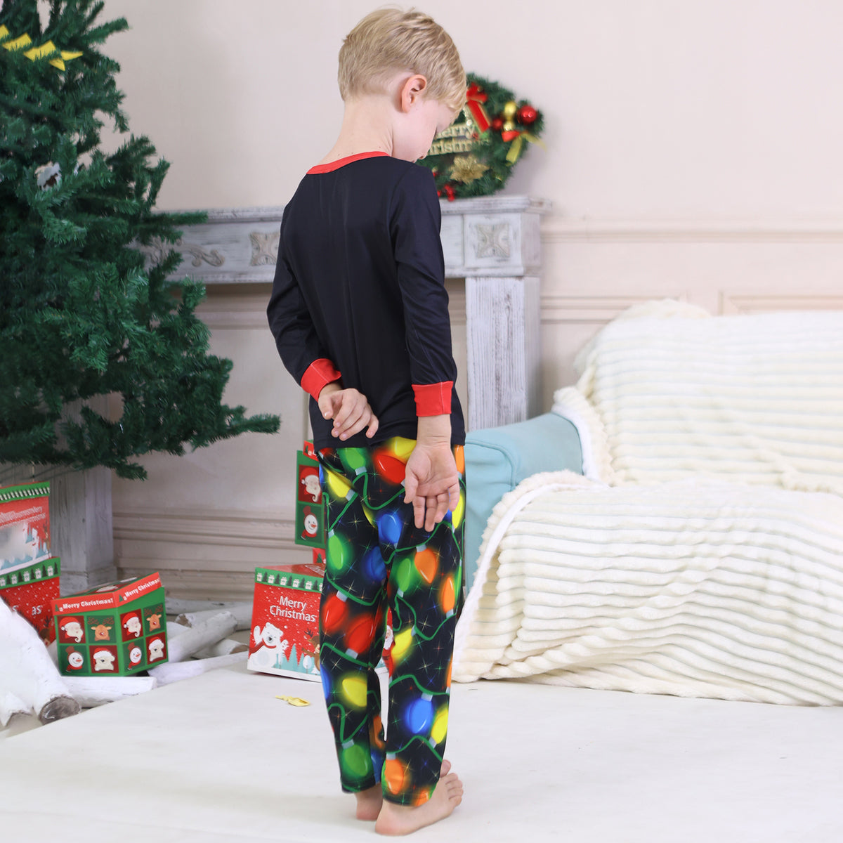 Matching Christmas Pajamas for Photos Colorful Light Bulb Print Christmas Pajama Photoshoot CHP-95