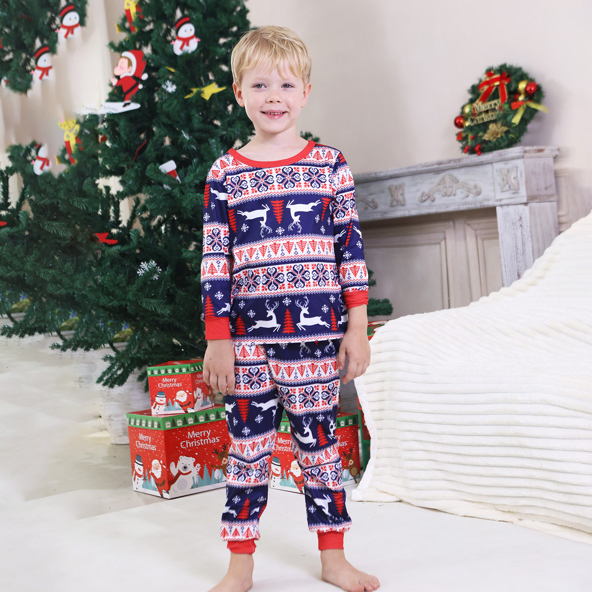 Dad and Kids Christmas Pajamas Navy Reindeer Fair Isle Pattern Matching Christmas PJs CHP-99