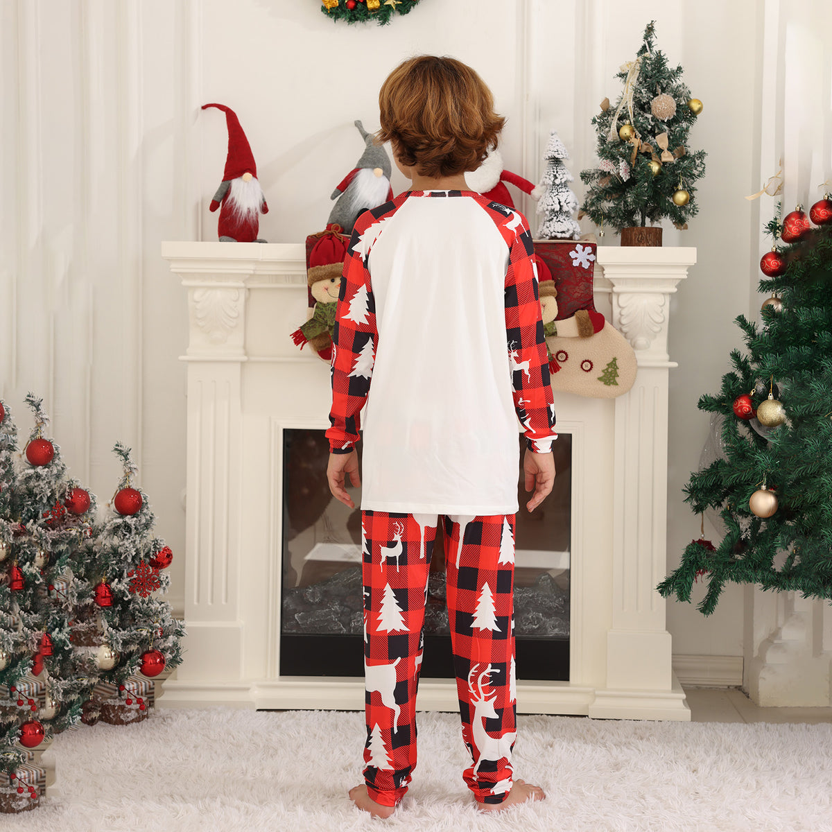 Red Plaid Christmas Pajamas Buffalo Plaid Reindeer Print Christmas Long Sleeve Pajamas CHP-80