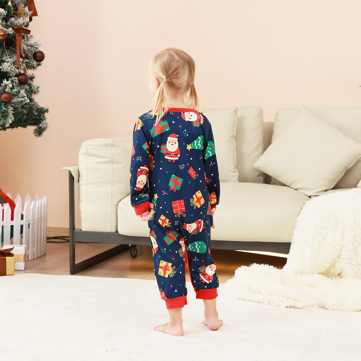 Christmas Eve Pajamas Navy Santa Gift Print Pattern Matching Christmas Pajamas CHP-73