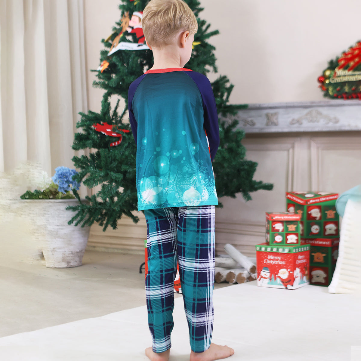 Holiday Matching Pajamas Santa Hat Reindeer Teal Plaid Print Christmas Family Photo Outfits CHP-97