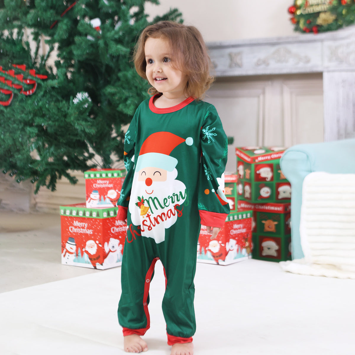 Christmas Family Photo Outfits Green Santa Snowflake Allover Print Holiday Matching Pajamas CHP-90