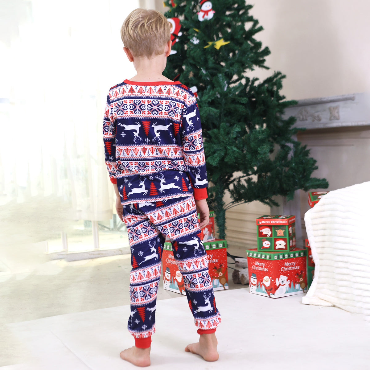 Dad and Kids Christmas Pajamas Navy Reindeer Fair Isle Pattern Matching Christmas PJs CHP-99