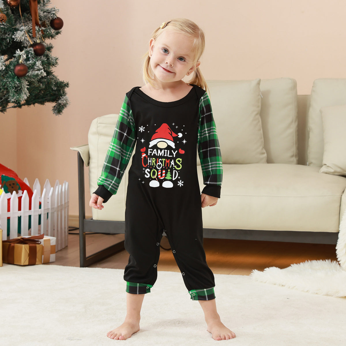 Christmas Pajama Set Green Plaid Squad Print Matching Christmas Pajamas for Photos CHP-82