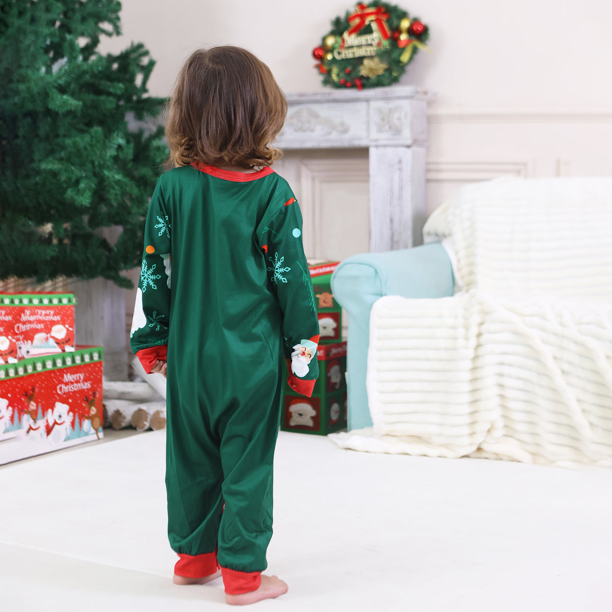 Christmas Family Photo Outfits Green Santa Snowflake Allover Print Holiday Matching Pajamas CHP-90