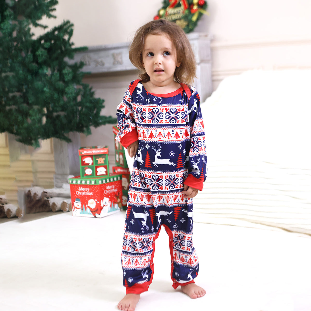Dad and Kids Christmas Pajamas Navy Reindeer Fair Isle Pattern Matching Christmas PJs CHP-99
