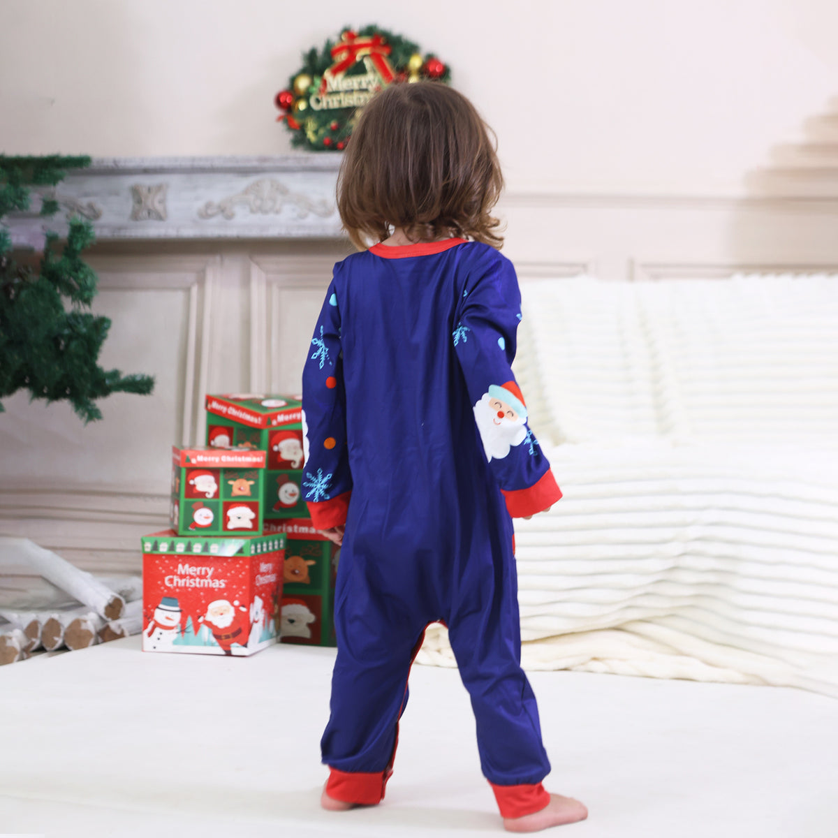 Christmas Family Photoshoot Outfits Royal Blue Santa Snowflake Allover Print Christmas Pajamas CHP-91