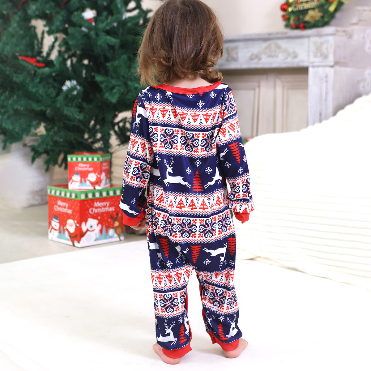 Dad and Kids Christmas Pajamas Navy Reindeer Fair Isle Pattern Matching Christmas PJs CHP-99