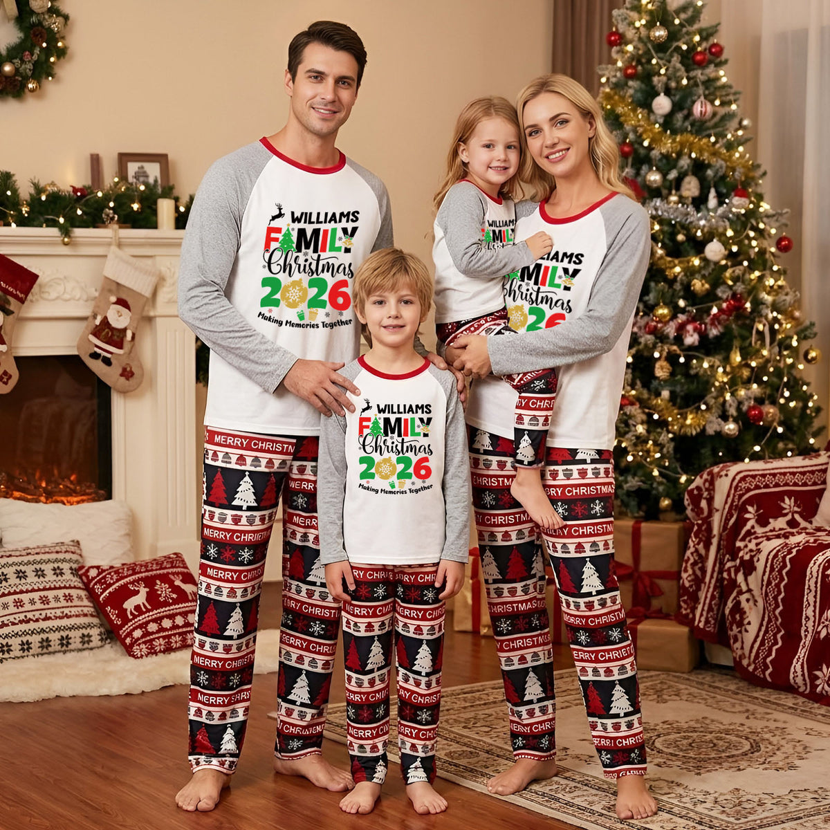 Fair Isle Christmas Pajamas Family Name Typography Christmas Photo Session Outfits CHP-60