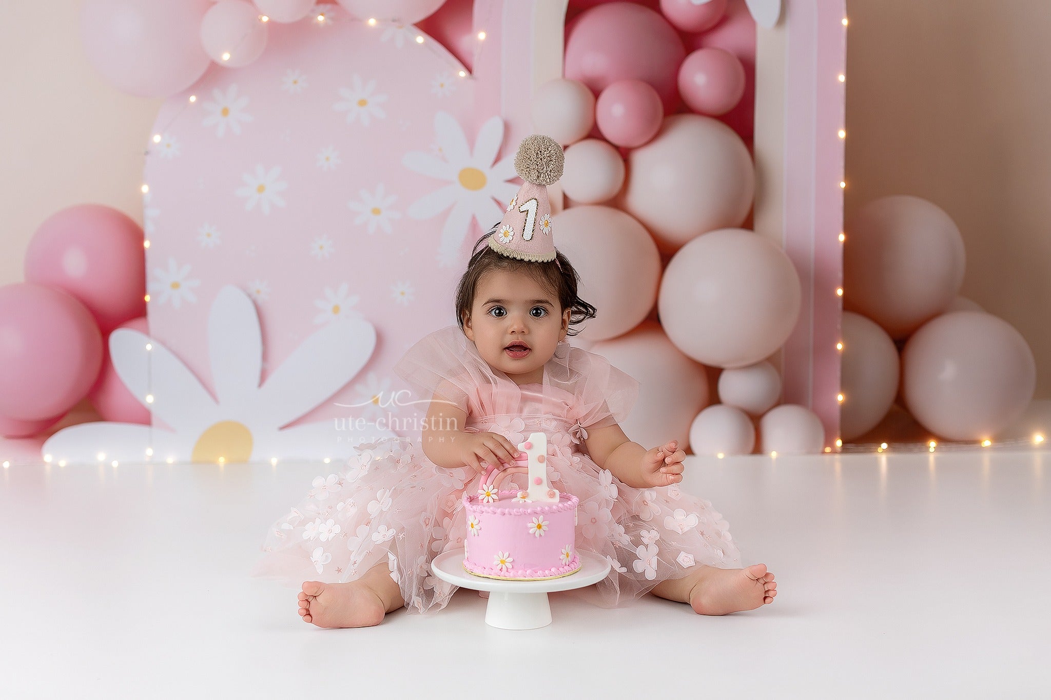 Cake Smash Backdrop Pink Daisy Balloon Rainbow Birthday Photo Backdrop MRR9-40