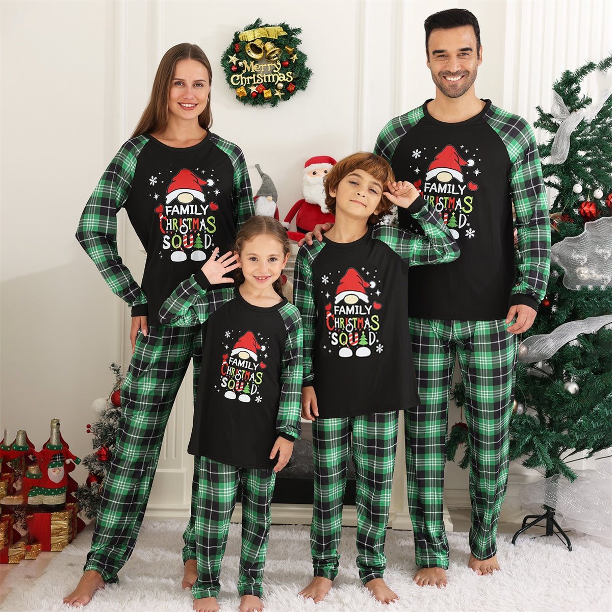 Christmas Pajama Set Green Plaid Squad Print Matching Christmas Pajamas for Photos CHP-82