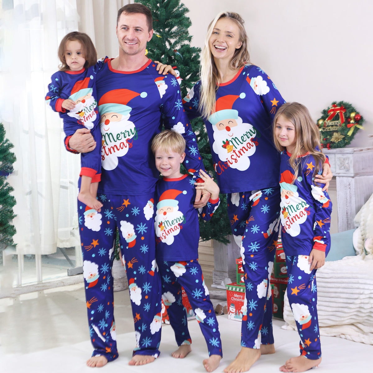 Christmas Family Photoshoot Outfits Royal Blue Santa Snowflake Allover Print Christmas Pajamas CHP-91