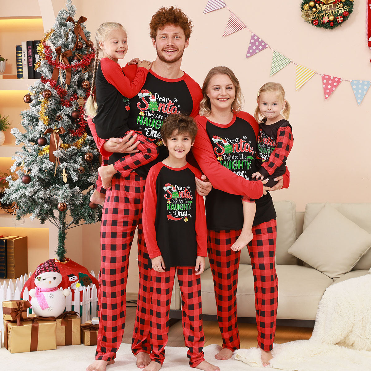 Matching Christmas Pajamas Naughty Santa Red Plaid Print Christmas Matching Pajamas CHP-86