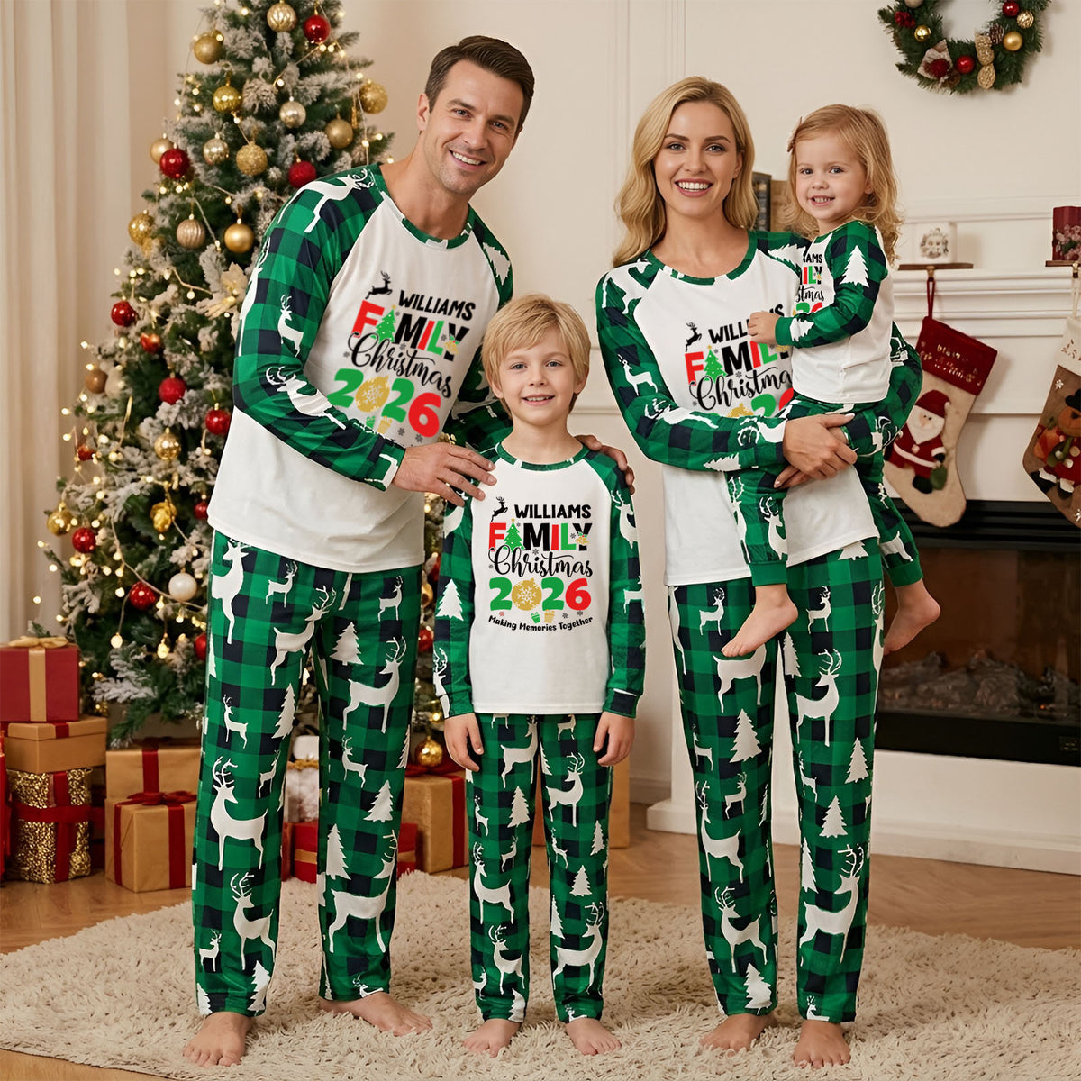 Matching Christmas Pajamas Green Reindeer Print Christmas Plaid Pajamas CHP-6