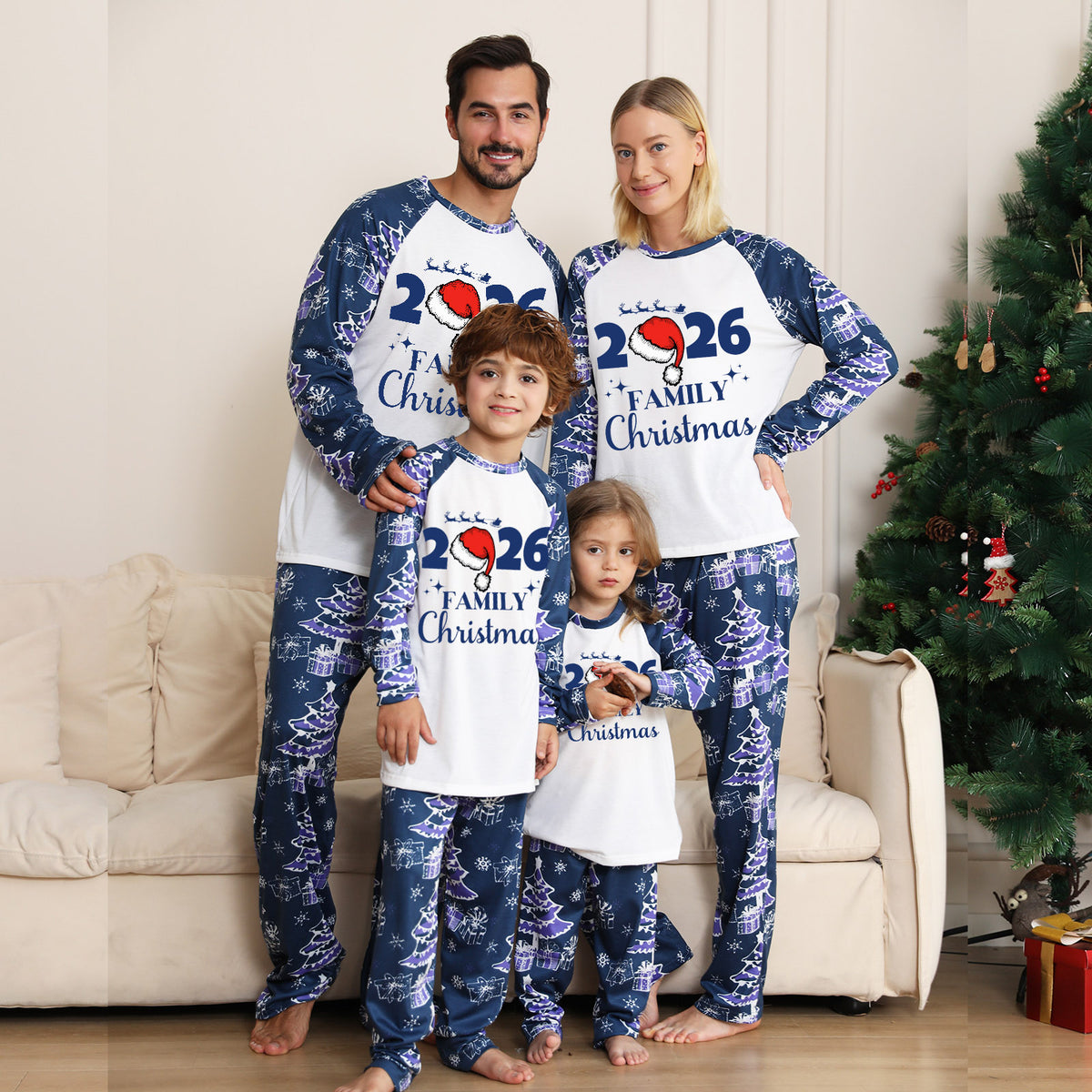 Christmas Pajamas 2026 Family Christmas Reindeer Santa Hat Navy Blue Print Matching Family Sleepwear CHP-140