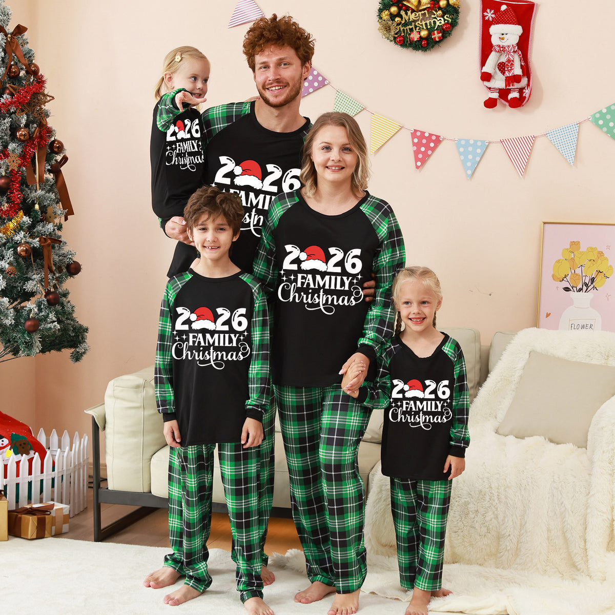 Xmas Pajamas Santa Hat Green Plaid Set Christmas Lounge Set CHP-13