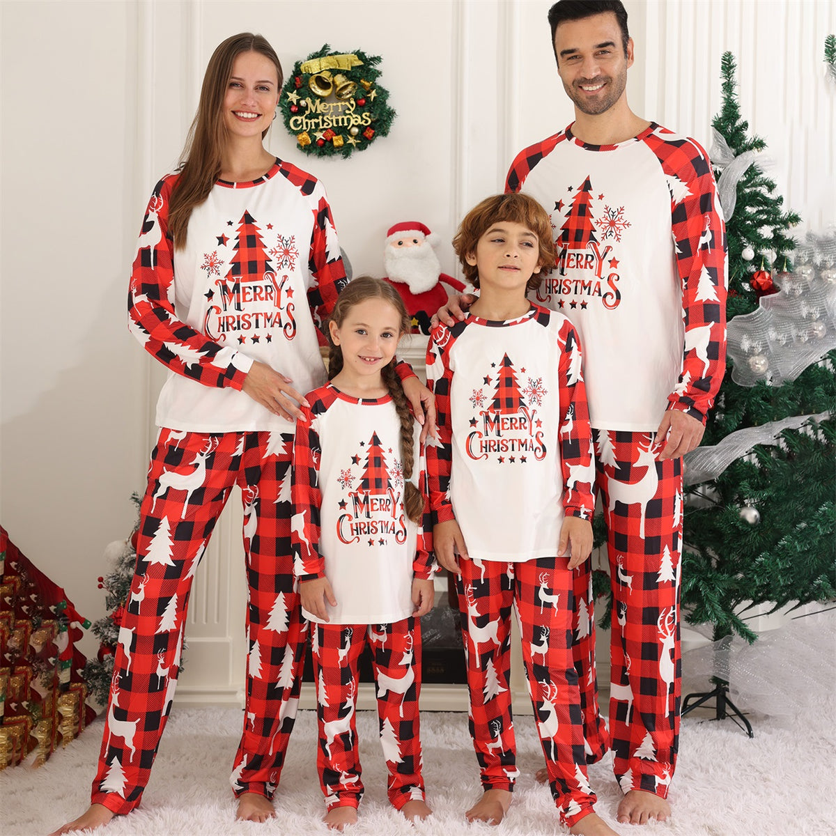 Red Plaid Christmas Pajamas Buffalo Plaid Reindeer Print Christmas Long Sleeve Pajamas CHP-80