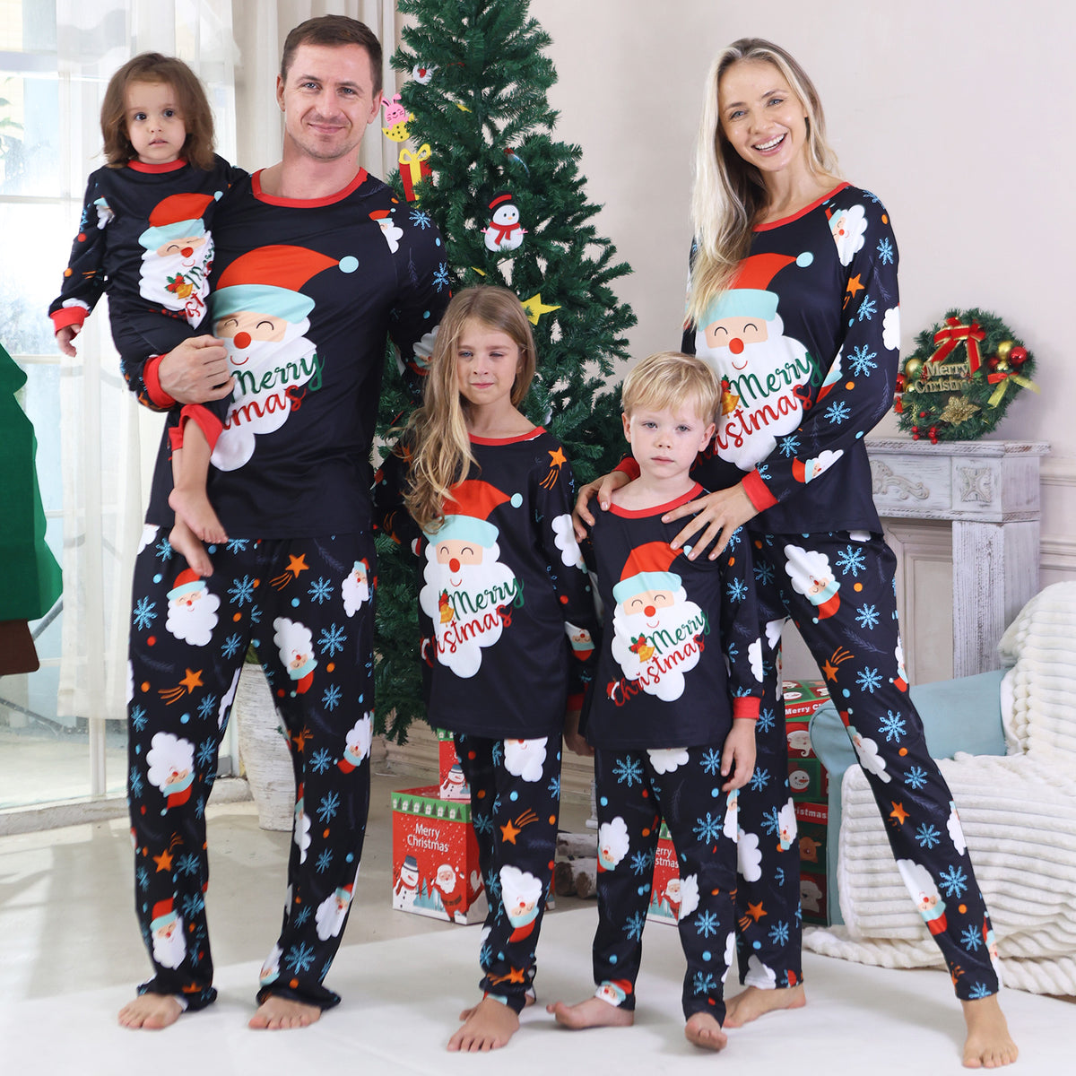 Christmas Pajama Set Navy Santa Snowflake Allover Print Matching Christmas Pajamas for Photos CHP-92