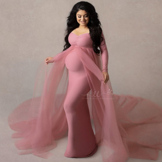Long Sleeve V-Neck Stretch Tulle Trailing Tail Maternity Photography Dress RB12