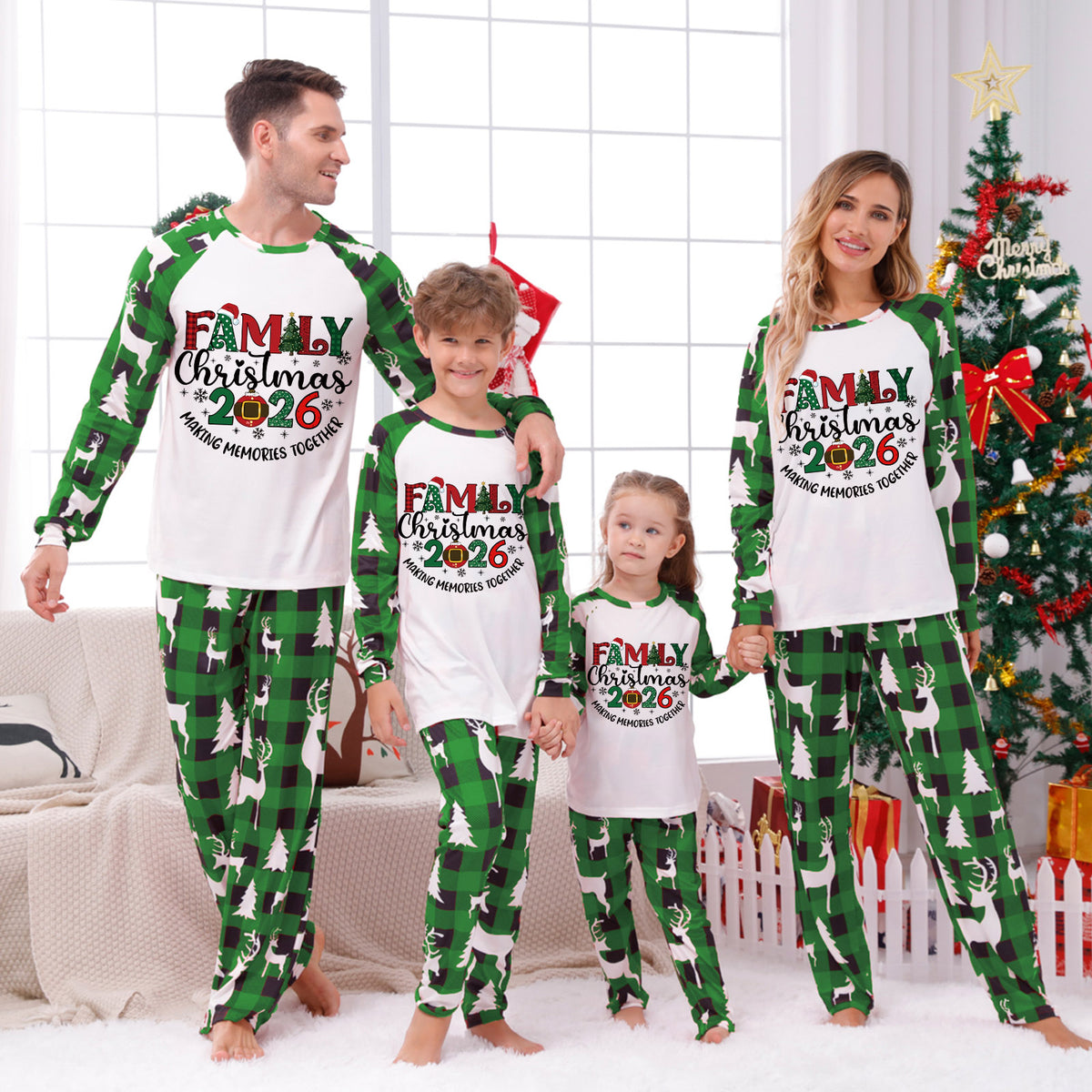 Christmas Pajamas Green Plaid Reindeer Print Christmas Sleepwear CHP-1