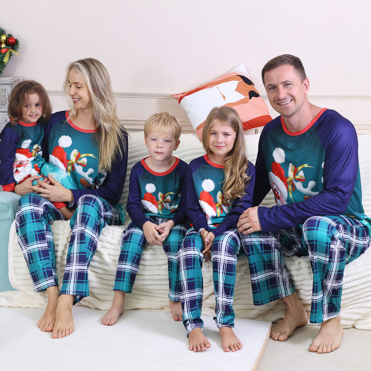 Holiday Matching Pajamas Santa Hat Reindeer Teal Plaid Print Christmas Family Photo Outfits CHP-97
