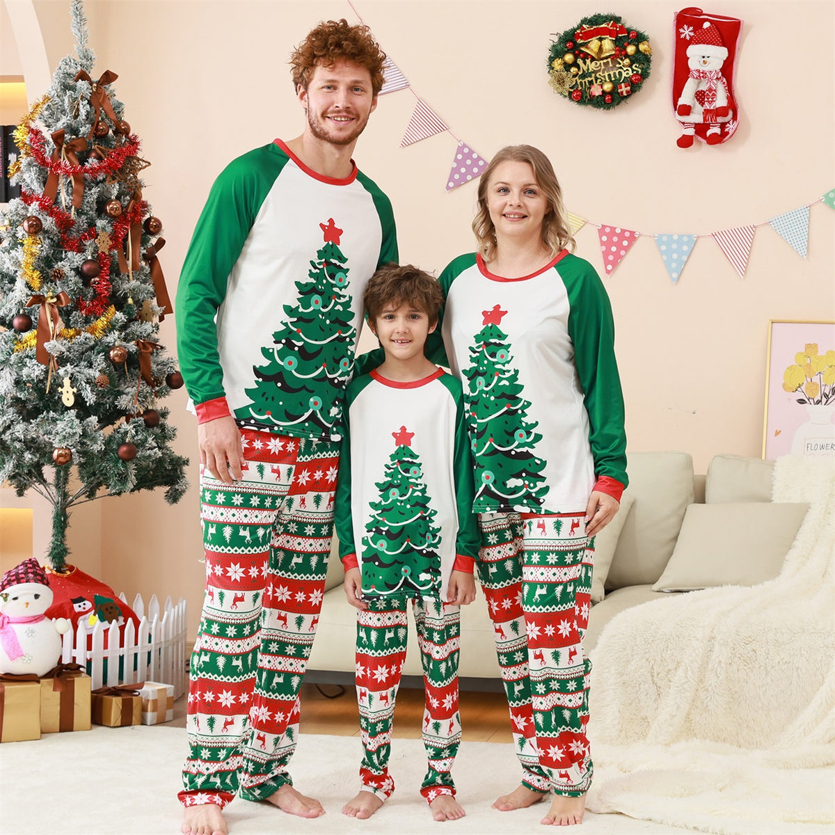 Family Christmas Pajamas Tree Fair Isle Print Matching Christmas Pajamas for Photos CHP-84