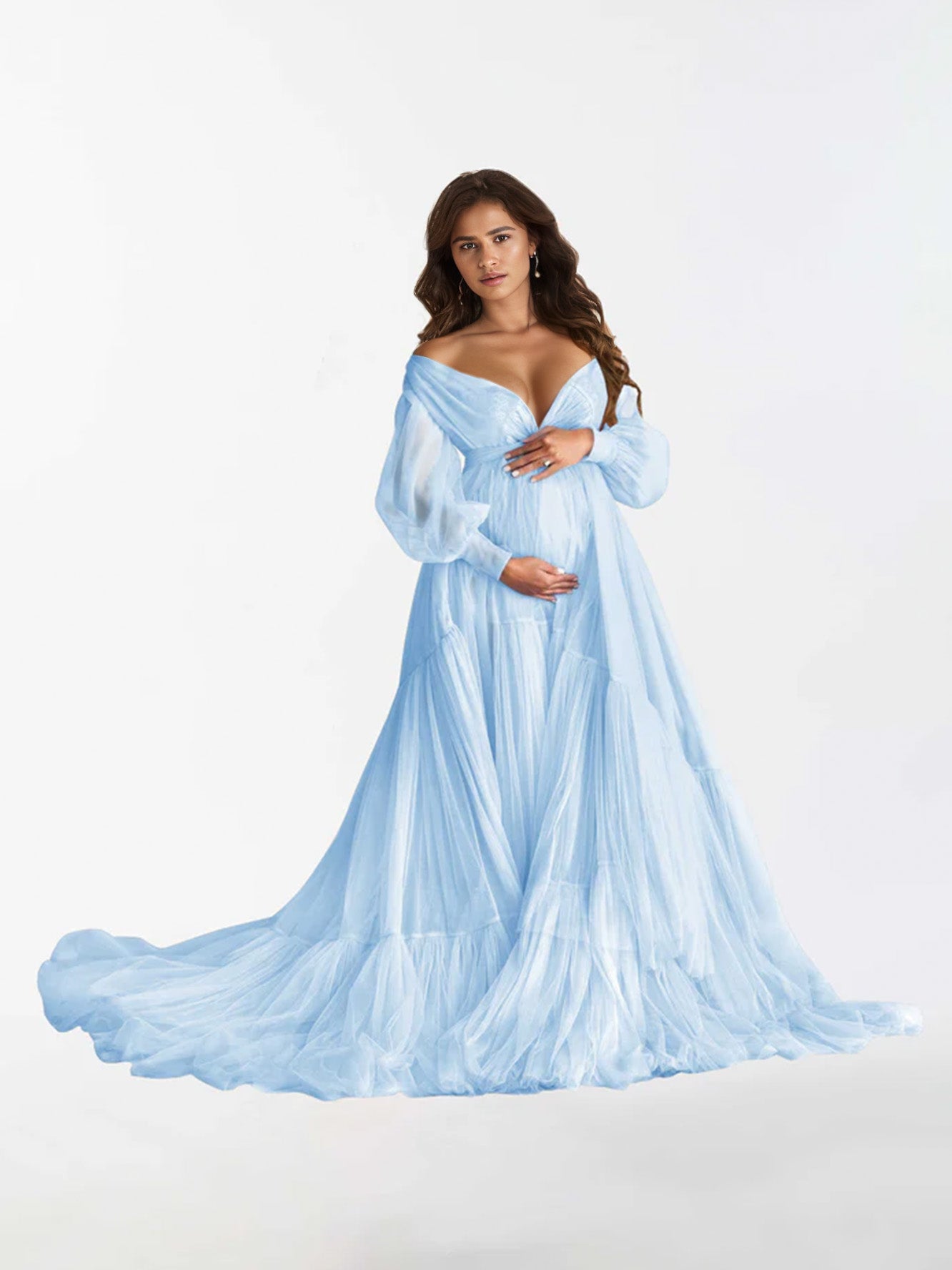 V Neck Ruffles Long Sleeve Maternity Dress for Photography RB3