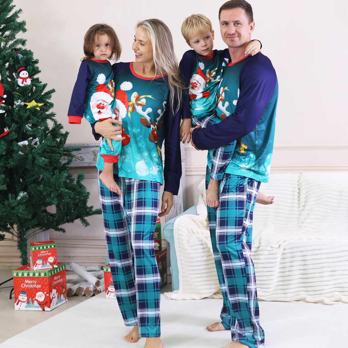 Holiday Matching Pajamas Santa Hat Reindeer Teal Plaid Print Christmas Family Photo Outfits CHP-97