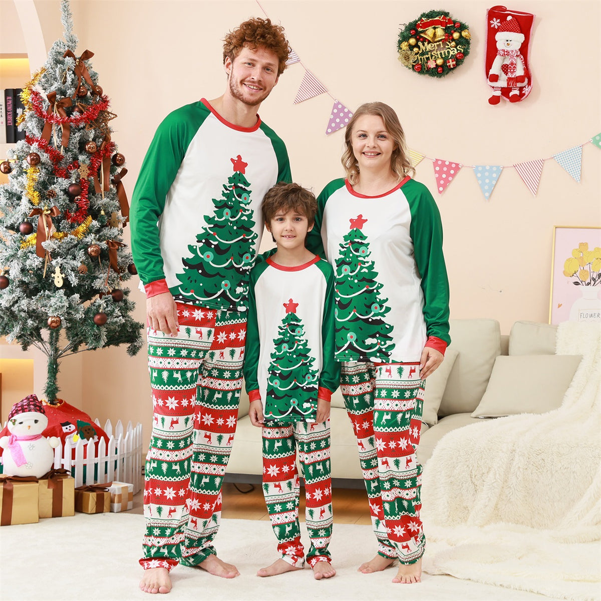 Family Christmas Pajamas Tree Fair Isle Print Matching Christmas Pajamas for Photos CHP-84