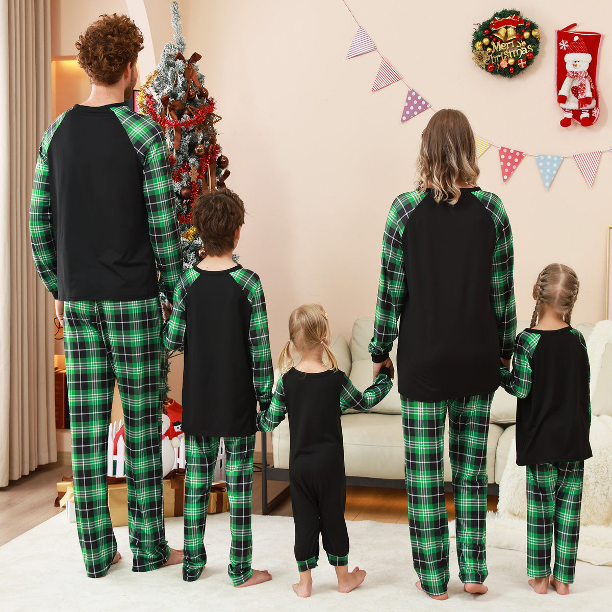 Christmas Long Sleeve Pajamas Print Green Plaid Reindeer Christmas Pajamas CHP-14
