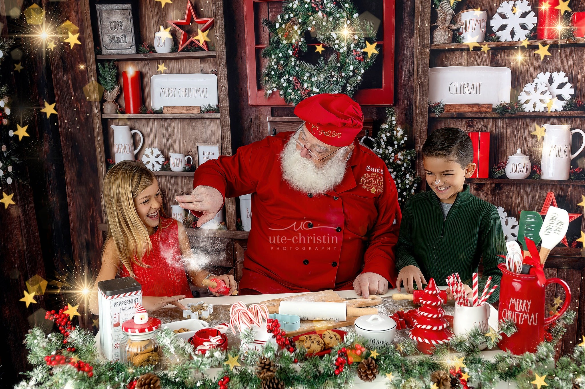 Christmas Kitchen Backdrop Rustic Shelves Festive Display Christmas Photo Backdrop MRR9-61