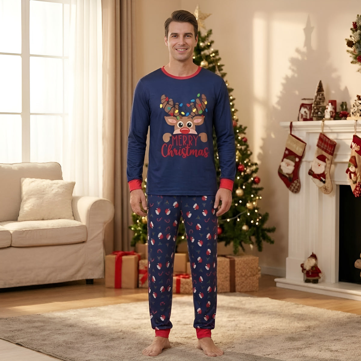 Matching Christmas Pajamas for Photos Merry Reindeer Santa Print Family Christmas Pajamas CHP-105