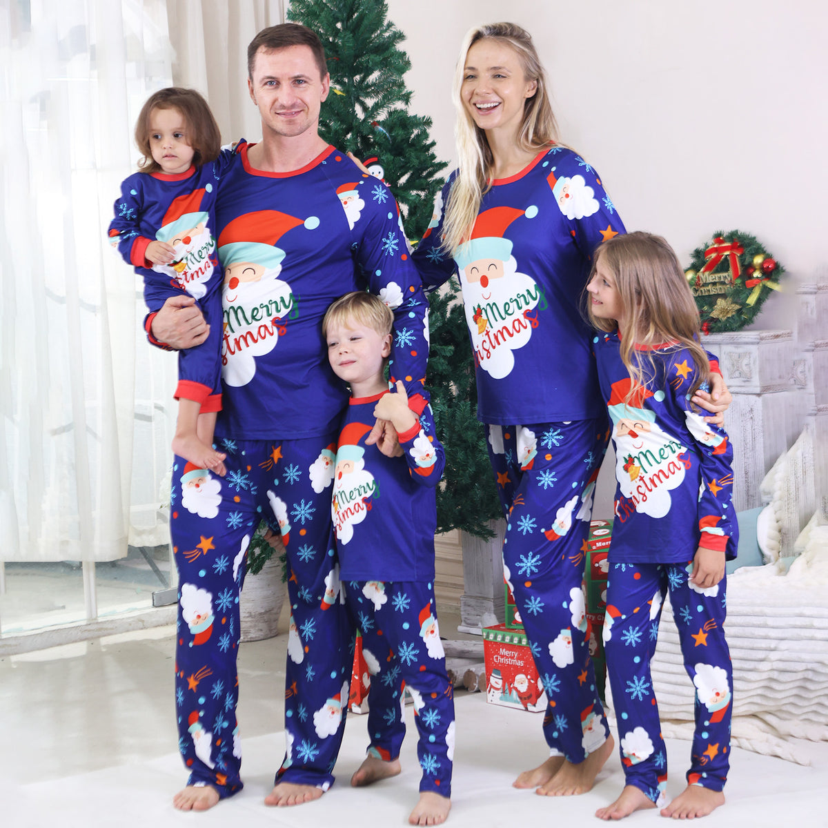 Christmas Family Photoshoot Outfits Royal Blue Santa Snowflake Allover Print Christmas Pajamas CHP-91