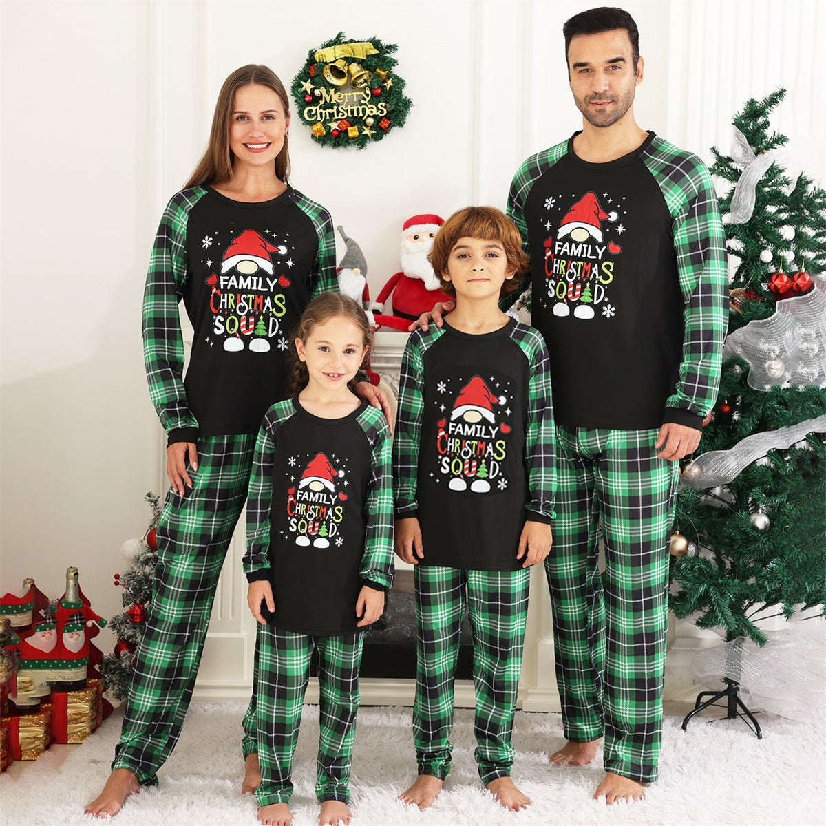 Christmas Pajama Set Green Plaid Squad Print Matching Christmas Pajamas for Photos CHP-82