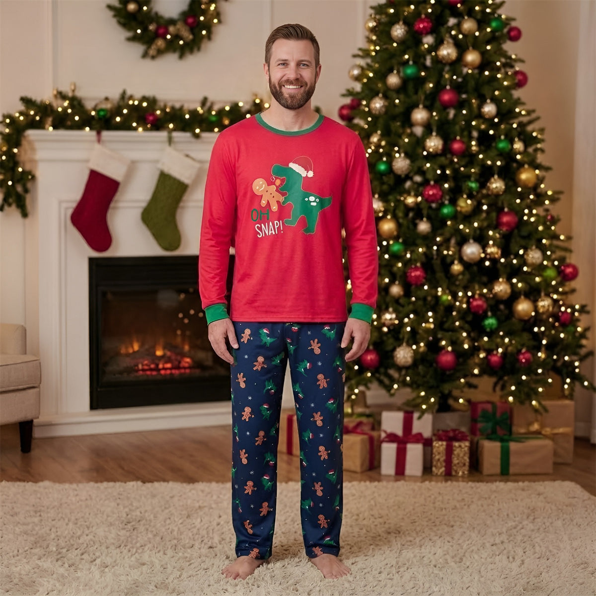 Christmas Photo Session Outfits Gingerbread Dinosaur Print Family Christmas Pajamas CHP-104