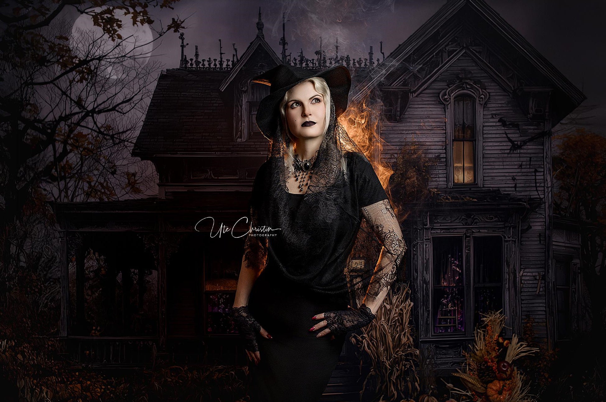 Halloween Backdrop Haunted House Full Moon Night Spooky Halloween Backdrop MRR9-38